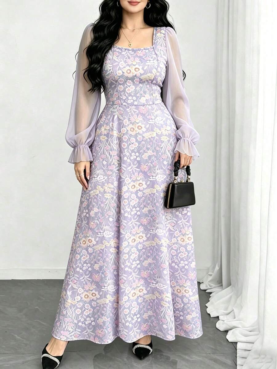 Modelyn 夢幻花卉與圖案仿刺繡印花淺藍色大尺碼女款方領燈籠長袖極簡主義長洋裝,夏季收腰優雅連身裙,適合夏季度假與日常穿著 - 彩色 - 查看 1