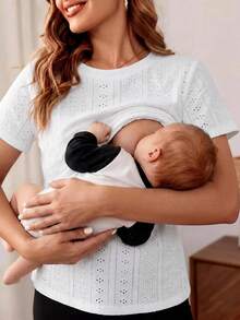 SHEIN 孕婦哺乳服簡約圓領t恤,適合居家穿著 - 白色 - 查看 6