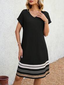 EMERY ROSE Women's Summer Short-Sleeved Dress With Geometric Pattern Print Casual - Black - View 7