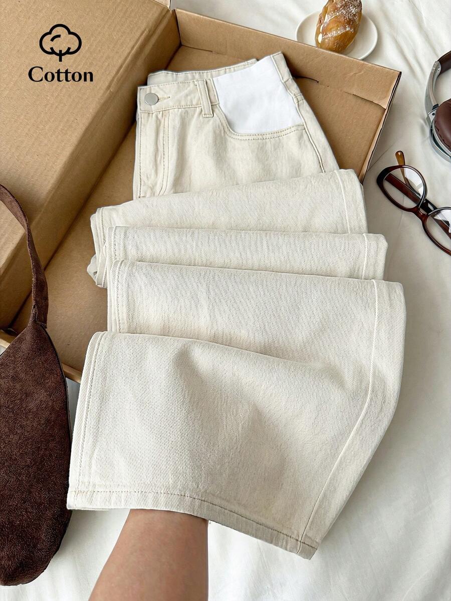 SHEIN 孕妇纯色斜插口袋休闲宽松牛仔裤夏季嘉年华服装通勤度假毕业时尚Y2K可爱街头风性感派对婚礼优雅商务休闲女装商务海滩毕业节 - 杏色 - 查看 1