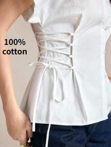 BizChic White Waist-Cinching Tie-Front Bow Blouse, Business Formal, Vacation, Slouchy, Commute, Date, Daily, Office, Independence Day, Graduation Season, Music Festival, Slimming, Elegant, Versatile, Summer, Party, Wedding Guest, Outing, Beach, Gathering, Social, Holiday, Shopping, Afternoon Tea, Travel, Y2K - White - View 7