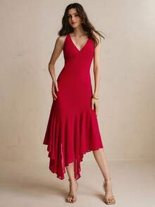 COSMINA Women's V-Neck Asymmetric Hem Dress, Minimalist Red Dress, Elegant Flowy Midi Dress, Red Dress, Elegant Dress, Y2k Dress, Holiday Dress, Summer Dress - Red - View 3