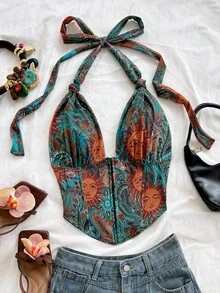Soleia Women's Halter Tie All-Over Print Sexy Boho Versatile Casual Daily Vacation Beach Teal Summer Gold Girly Holiday Night Music Festival,No Chest Padding - Multicolor - View 3