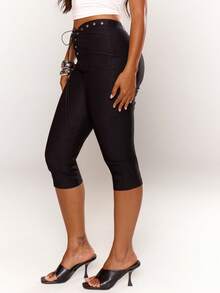 MUSERA Schwarze Schnür-Capri-Hose Sommer Festival Cool Girl Vintage Abendparty Urlaub - Schwarz - Übersicht 3