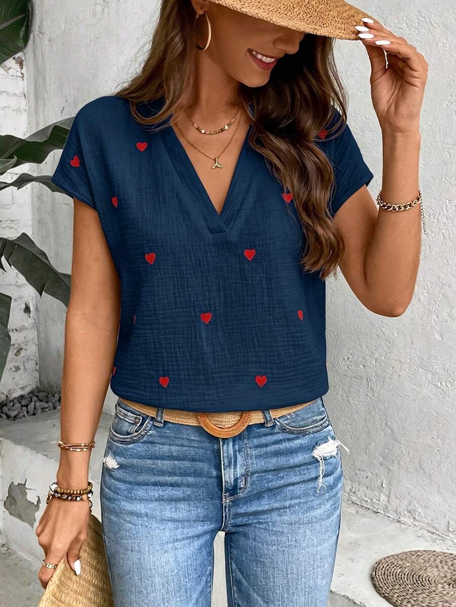 SHEIN Holidaya 度假休閒愛心印花襯衫 - 寶藍色 - 查看 1