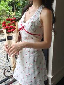 DAZY Women's All-Over Floral Print Tie Bow Korean Style Fresh Summer Dress Vacation Red And White Cute - White - View 6