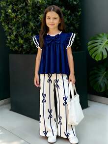 SHEIN Casuvi Kids Casuvi 青少年女孩 2件組圓領套頭上衣，附荷葉袖、對比領口與3D蝴蝶結裝飾，搭配條紋直筒長褲，海軍藍 - 藍白色 - 查看 5