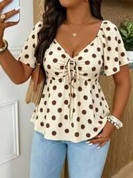 SHEIN Frenchy Plus Size French Elegant 1950s Vintage Polka Dot Print Pleated Tie-Front T-Shirt Vacation White Summer