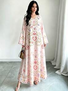 SHEIN Najma 花卉幾何圖案淺粉色女款時尚V領長袖洋裝，優雅阿拉伯風春夏季長版大碼洋裝 - 彩色 - 查看 4