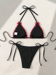 Swim Mod 性感可愛蕾絲蝴蝶結三角比基尼泳衣，黑色夏季派對夜店海灘款 - 黑色 - 查看 2