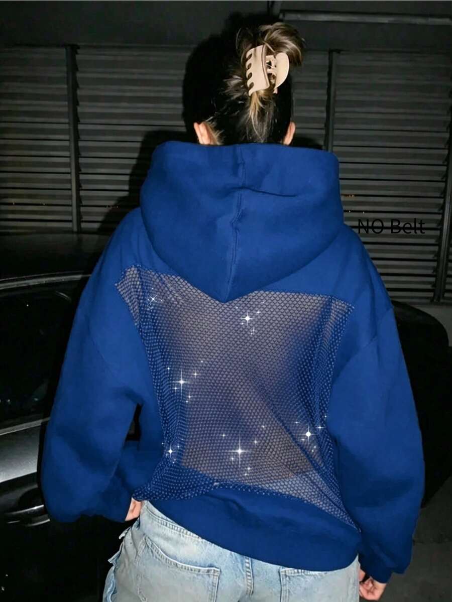 INAWLY 女款休閒性感露背網紗連帽衛衣 - 寶藍色 - 查看 1