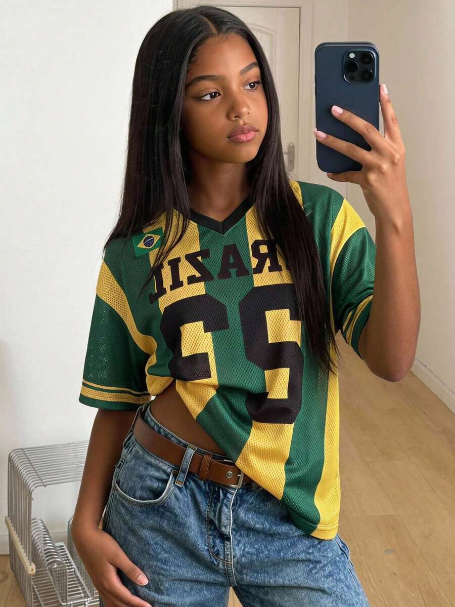 Mom & Tween Girls Matching Brazil Number Baseball Jersey, Oversized Carnival T-Shirt, Summer Streetwear Family Look,Summer - Green - View 1
