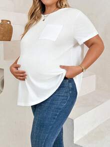 Plussiva Plus Size Maternity Basic White Loose-Fit Short-Sleeve T-Shirt For Everyday Wear Solid Color Casual Versatile Top Summer Gender Reveal Mom To Be - White - View 6