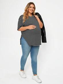 Plussiva Plus Size Maternity Round Neck White Casual Versatile Daily Wear Top Summer - Black and White - View 5