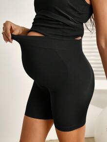 SHEIN Maternity Solid Color Adjustable Waist Casual Sports Shorts Gym Black Summer - Black - View 6