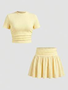 SHEIN Tween女孩夏季可愛休閒灰色套裝：短袖短版上衣與百褶迷你裙，夏季 - 黃色 - 查看 7