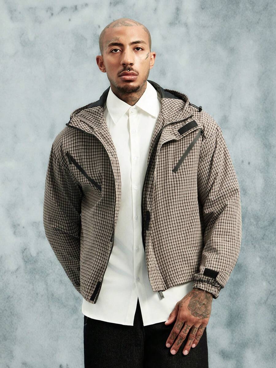INCRYTM American Casual Men's Utility Jacket, Loose Fit 3D Design, Fashion Hooded Coat, Leisure Outerwear Light Men Zipup Hoodie Zipper Checkered - Grey - View 1