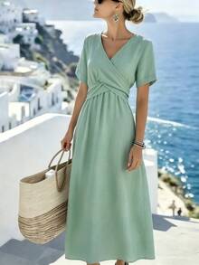 Louniche Women's Casual French Tropical Sage Green Short Sleeve Dress, Featuring Cross Waist Design, Minimalist Style, Elegant, Vacation Summer Brunch - Mint Green - View 6