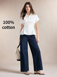 BizChic White Waist-Cinching Tie-Front Bow Blouse, Business Formal, Vacation, Slouchy, Commute, Date, Daily, Office, Independence Day, Graduation Season, Music Festival, Slimming, Elegant, Versatile, Summer, Party, Wedding Guest, Outing, Beach, Gathering, Social, Holiday, Shopping, Afternoon Tea, Travel, Y2K - White - View 2