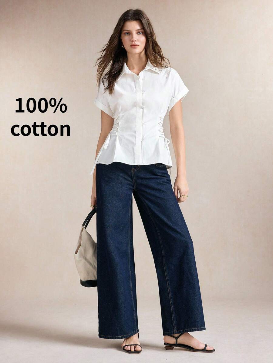BizChic White Waist-Cinching Tie-Front Bow Blouse, Business Formal, Vacation, Slouchy, Commute, Date, Daily, Office, Independence Day, Graduation Season, Music Festival, Slimming, Elegant, Versatile, Summer, Party, Wedding Guest, Outing, Beach, Gathering, Social, Holiday, Shopping, Afternoon Tea, Travel, Y2K