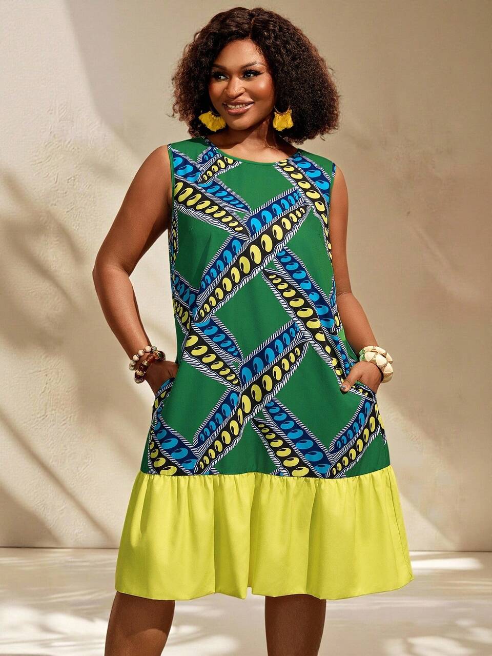 Plus Size Women's Green Geometric Print Ruffle Hem Pocketed Sleeveless Casual Vintage Dress,Summer Boho Beach Vacation Outfits,Light Green