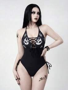 ROMWE Women's Lace-Up Drawstring V-Neck Black & White Striped Gothic Rock One-Piece - Black and White - View 4