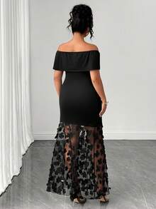Elenzga Elegantes und raffiniertes Partykleid Große Größen für Damen, Off-Shoulder, mit geraffter Taille, strukturiertem Stoff und Patchwork-Design - Schwarz - Übersicht 2