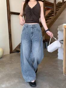 FRIFUL Women's Casual Washed Wide Leg Jeans Cute Tops Everyday Date Light Blue Summer - Blue - View 3