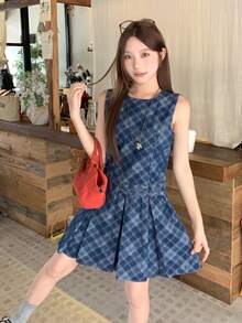 DAZY Women's Round Neck Plaid Sleeveless Korean Style Denim Dress School - Blue - View 11