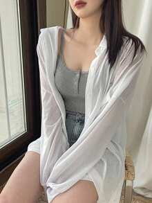 DAZY 女款蕾絲拼接優雅鈕扣半開襟細肩帶背心 夏季 - 灰色 - 查看 4