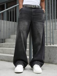 Manfinity EMRG Men's Casual Washed Straight Leg Jeans - Black - View 5
