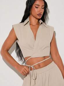 Normani Women's Solid Color Pleated Top And Pants Casual Daily 2 Pieces Set - Khaki - View 5