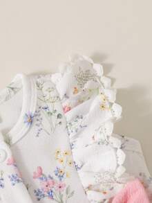 SHEIN 2件組女嬰甜美花卉連身褲附髮帶，可愛夏季無袖針織嬰兒連身衣，親子套裝荷葉邊肩帶洗禮服 - 淺粉色 - 查看 6