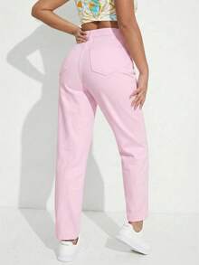 SHEIN ICON 女款純色時尚口袋鈕扣牛仔褲 - 粉色 - 查看 2