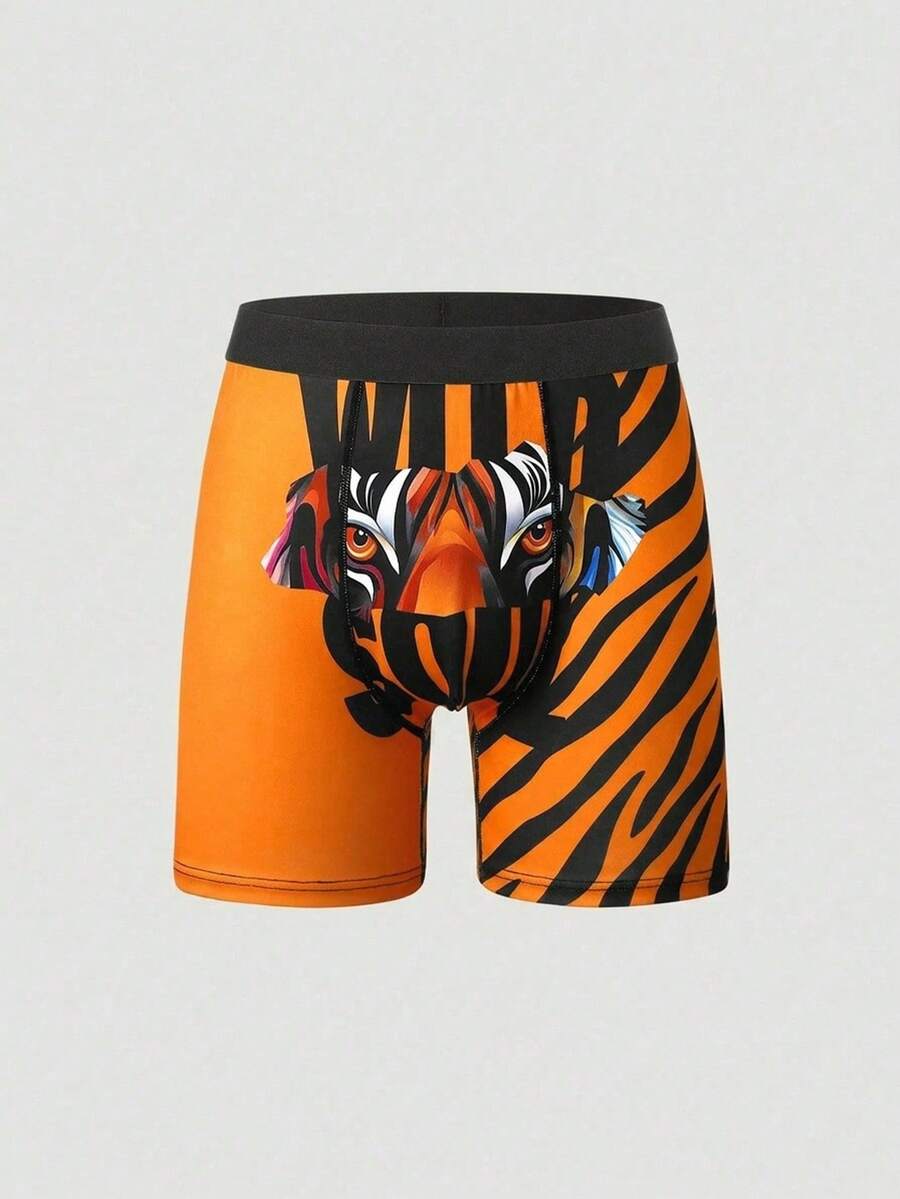 Chillnights Men's Tiger Print Boxer Briefs, Wild Animal Graphic Striped Underwear, Comfortable Mid Length Boxers - Yellow - View 1