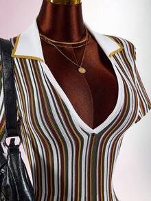 Amplova Colorblock Multicolor Stripes Polo Collar Cinched Waist A-Line Knit Mini Dress Brunch Autumn Elegant Classy - Multicolor - View 5