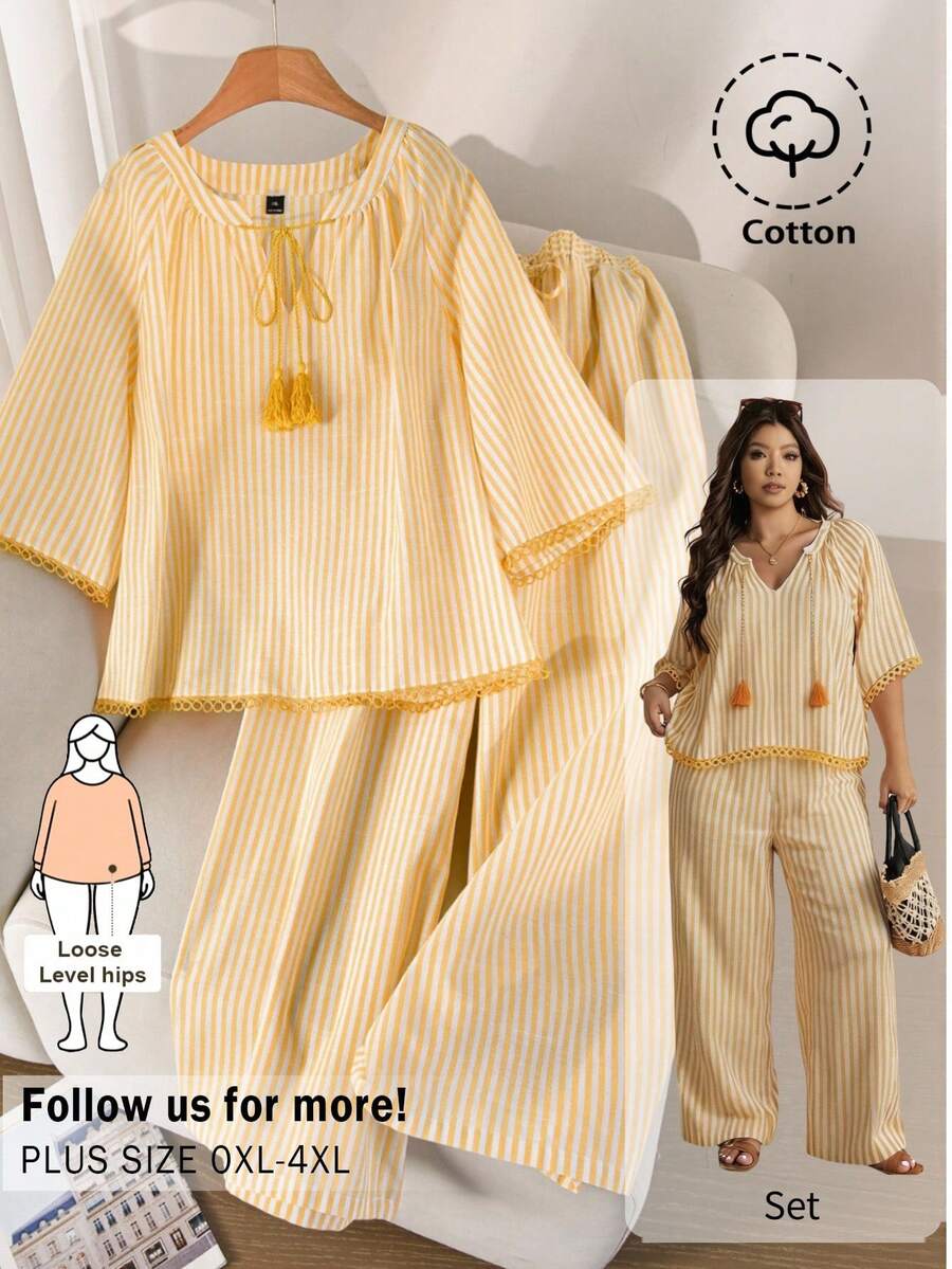 CosyJoli Plus Size Women's Yellow Striped Set, Casual Women's Clothing Short Sleeve Shorts 2 Pieces Set