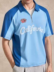 Polo de manga corta casual con media cremallera y estampado de letras de color contrastante para hombres - Azul - Ver 4
