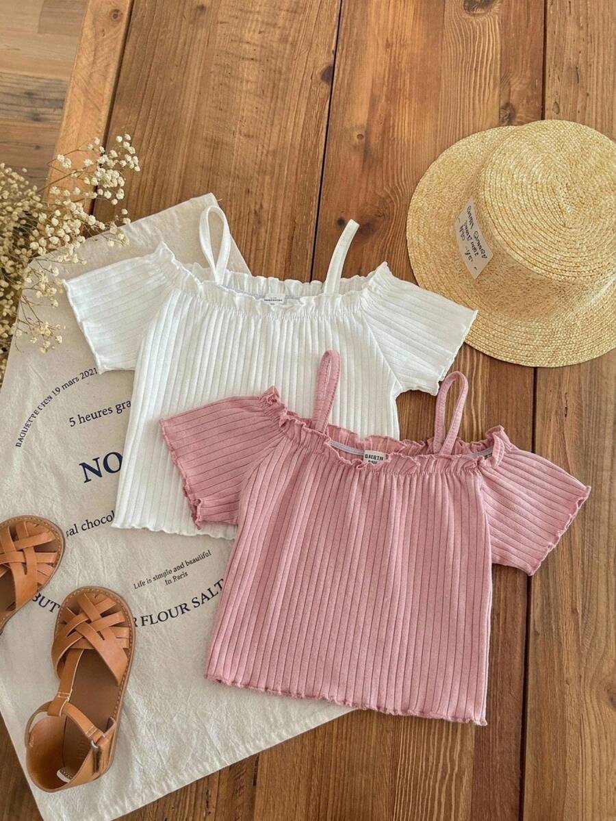 SHEIN 2pcs/Pack Young Girl White Baby Pink Color Off-Shoulder Lettuce Edge Short Sleeve Top T-Shirt