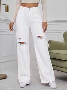 EMERY ROSE Plus Size Women's Casual Grunge Casual Formal Pocket Straight Leg Denim Jeans Back-To-School Graduation White Summer - White - View 3