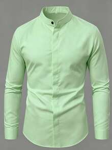 Calvornis Men's Solid Color Mandarin Collar Hidden Button Design Business Casual Long Sleeve Shirt/Formal Tops For Men Office Shirt For Men/Formal Shirt For Men - Mint Green - View 5