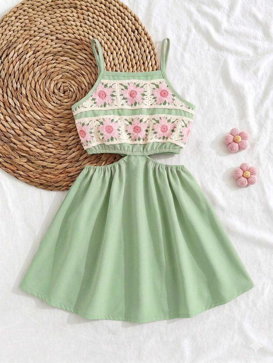 Vintaside Kids 少女春夏季新款熱銷田園復古風洋裝，粉色鉤編蕾絲飾邊前襟，無袖細肩帶，鏤空腰部設計，柔軟舒適面料，可愛甜美，適合日常穿著、上學、外出、度假、派對