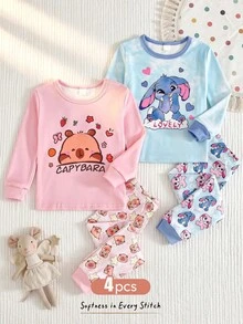 Cozy Pixies 女童四件套贴身睡衣套装，饰有可爱卡通兔子露露、针织图案、清新天蓝色扎染、可爱的卡皮巴拉星星图案、奶油粉色，休闲简约的柔软针织圆领长袖上衣和松紧腰长裤。 - 彩色 - 查看 10