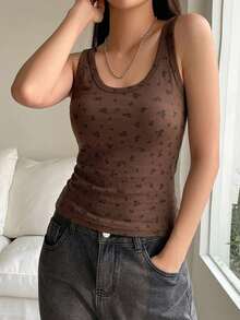 DAZY Tank Top Kasual Musim Panas Motif Bunga Kecil - Coklat - View 5