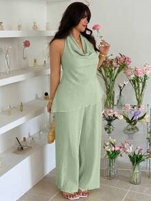 GalTyme Conjunto sexy de 2 piezas talla grande con top de cuello drapeado, escote drapeado, espalda descubierta, unicolor y cordón, y pantalones largos - verde menta - Ver 6