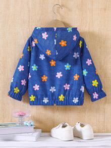 SHEIN Elladie kids 女童新款時尚連帽拉鍊夾克，梭織布料搭配藍色底彩色花卉數位印花，彈性袖口與下擺設計，長袖休閒時尚夾克，柔軟舒適面料，適合女童可愛俏皮休閒甜美舒適穿搭，理想用於日常穿著、學校、外出、度假與派對 - 藍色 - 查看 4