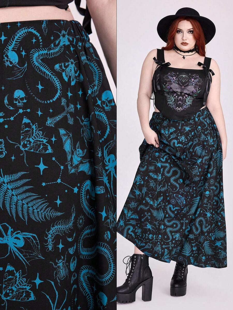 ROMWE Goth Falda versátil y de moda con estampado de bloques de color para tallas grandes - Azul - Ver 1