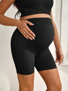SHEIN Maternity Solid Color Adjustable Waist Casual Sports Shorts Gym Black Summer - Black - View 3