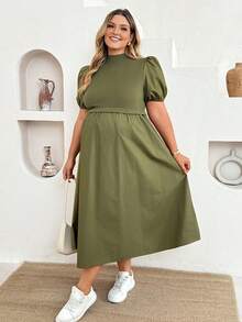 Plussiva Plus Size Maternity Vacation Textured Pleated Puff Sleeve Fashion Dress Photoshoot Summer Elegant Casual Baby Shower - Army Green - View 5