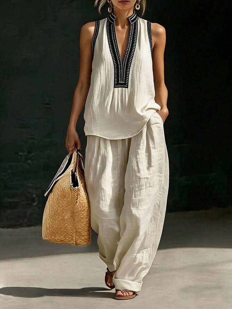 SHEIN Holidaya Women's Sleeveless Minimalist Boho Neckline Pattern Decor Two Pieces Set, Casual Outfit, Vacation, Holiday, Summer Wear, Cream White Top, Pants